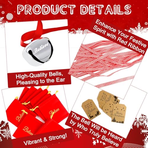 TANTOPALE 48-Pack Christmas Believe Bell Ornaments Silver Sleigh Bells Holiday Decorations