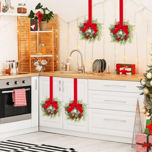 Dingion 4-Pack Mini Christmas Kitchen Cabinet Wreaths with Pine Berries Snowy Decor