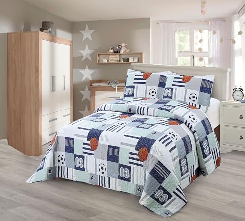 Twin Bedspread Set, Kids Sports Aqua Blue Quilt and Pillow Shams