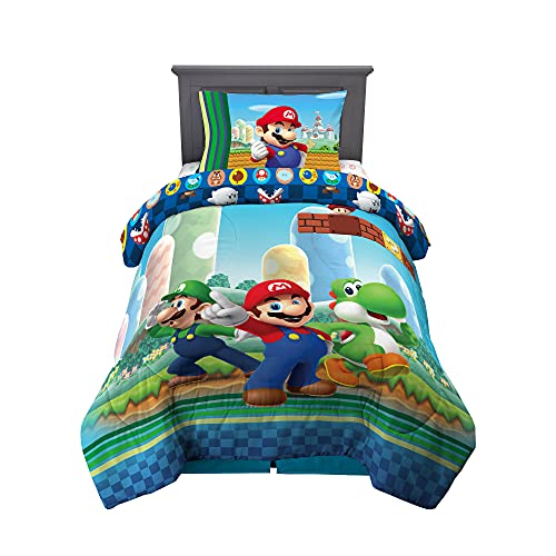 Super Mario Kids Twin Bedding Set 4 Piece Reversible Comforter & Sheets by Franco - Official Licensed