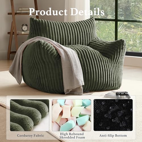 Oversized Corduroy Bean Bag Chair for Adults with Armrests - Green