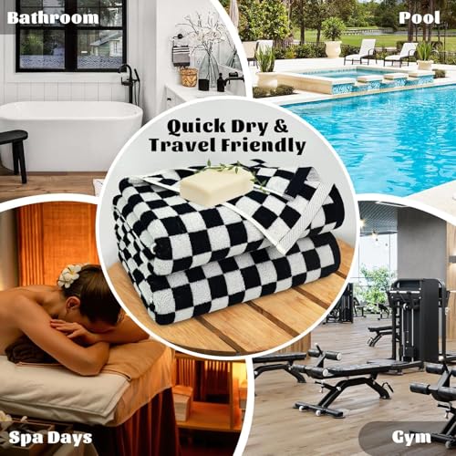 Black and White Checkered Cotton Bath Towels - 27.5" x 55" Set of 2