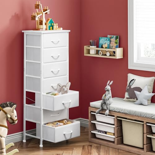 Fixwal Tall Narrow White Fabric Dresser with 7 Drawers - 11.8"D x 15.7"W x 47.2"H Storage Organizer