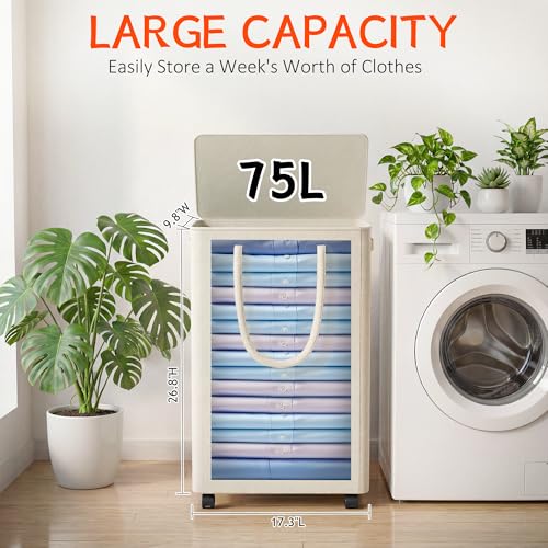 Vincona Slim Rolling Laundry Hamper with Lid and Wheels - 75L Tall Collapsible Clothes Basket