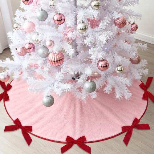 Soulchen 36 Inch Pink Christmas Tree Skirt with Red Velvet Bows