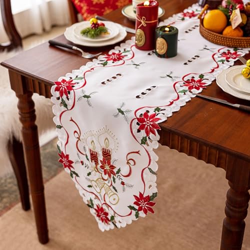 Joyfol Day Christmas Table Runner 14x69 in with Embroidered Poinsettia Holly Candles Bell