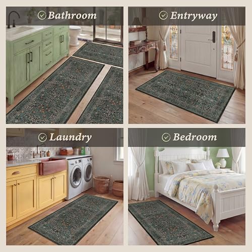 3-Piece Vintage Botanical Kitchen Rug Set, Washable Non-Slip Floor Mats