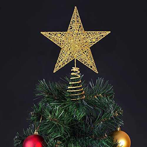 Gold Glitter Star Christmas Tree Topper - 10-Inch Hollow Metal Tree Decor