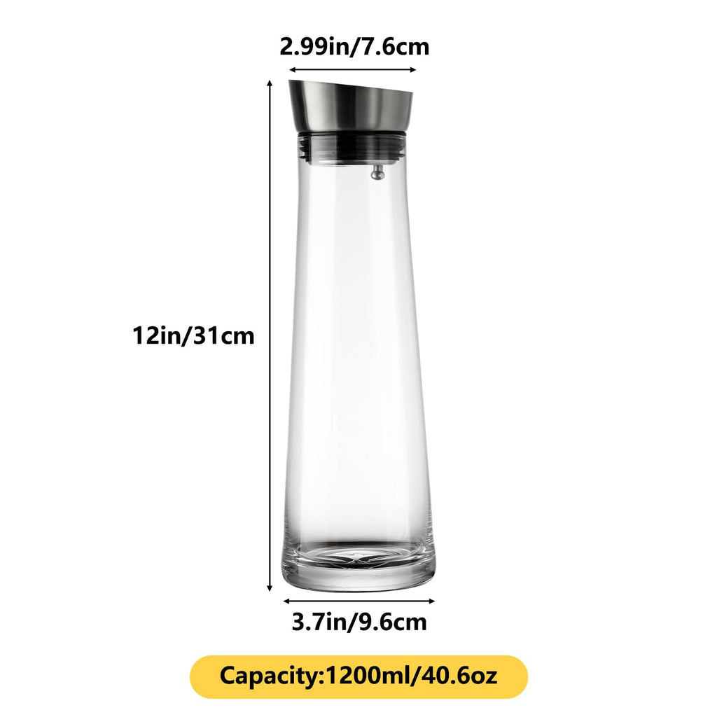 GLASKEY Glass Water Carafe with Lid,1200ml Glass Juice Pitcher with Stainless Steel Gravity Lid,Clear Water Pitcher for Ice Tea, Lemonade, Coffee,Juice Beverage,40 oz