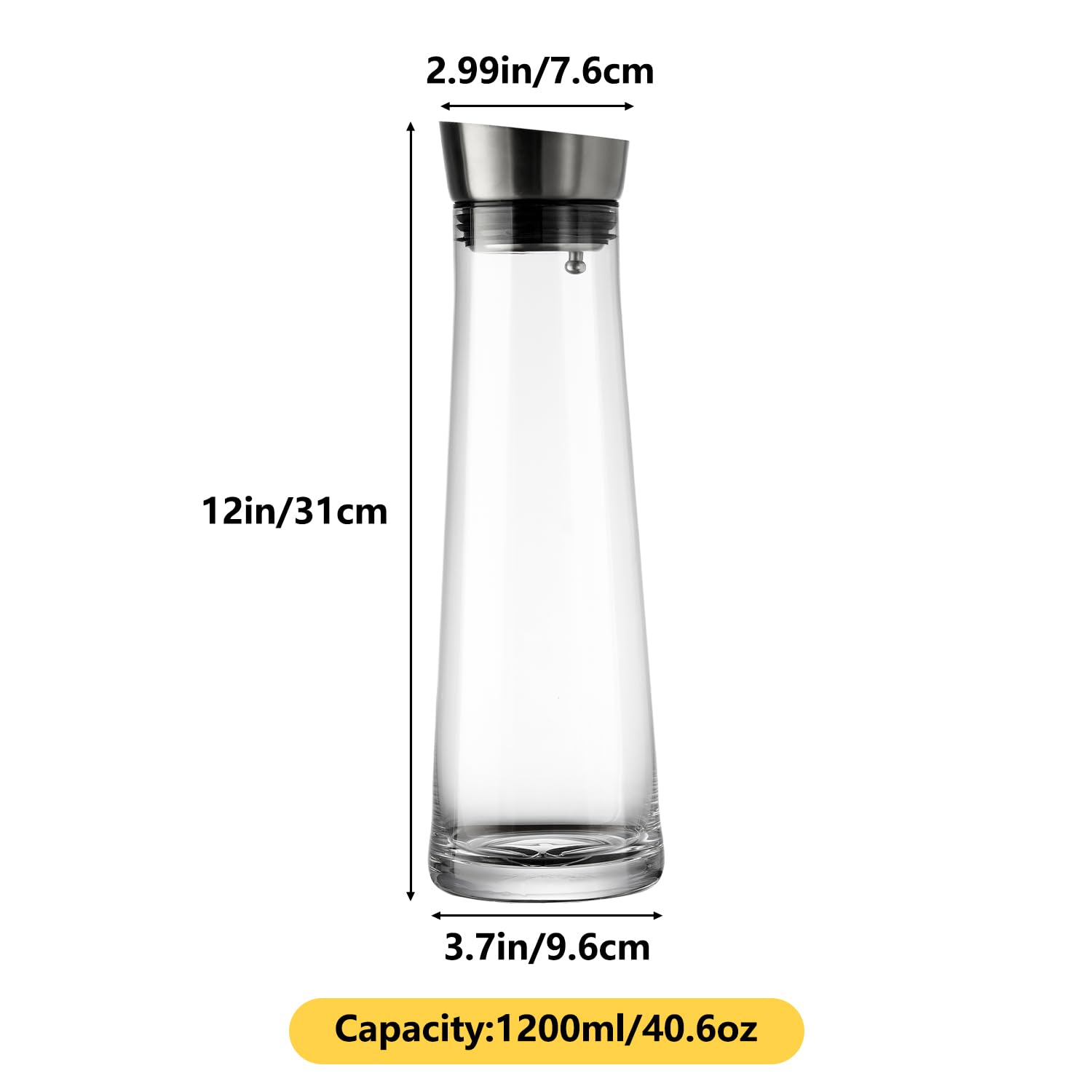 GLASKEY Glass Water Carafe with Lid,1200ml Glass Juice Pitcher with Stainless Steel Gravity Lid,Clear Water Pitcher for Ice Tea, Lemonade, Coffee,Juice Beverage,40 oz