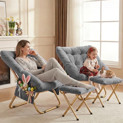 Foldable Faux Fur Saucer Chair, Oversized Plush Lounge Chair for Bedroom
