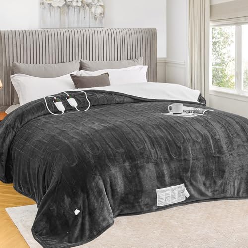Queen Size Electric Heated Blanket with Dual Control, 10 Heat Settings, Grey
