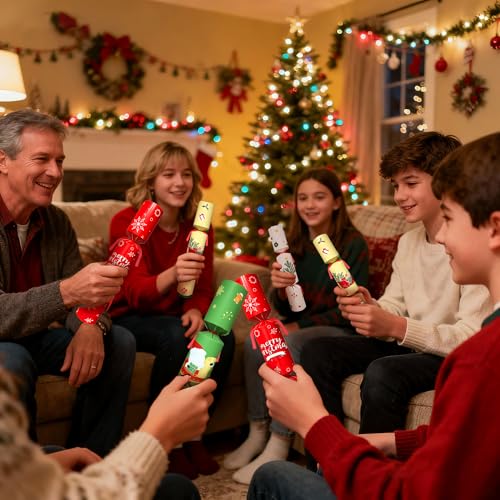 12-Pack Non-Snap Christmas Crackers with Hat Joke & Surprise Gifts - Holiday Party Favors