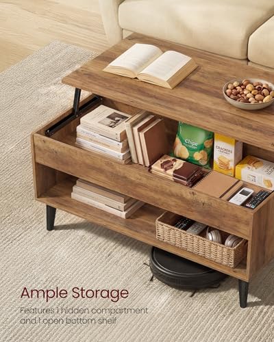 VASAGLE Honey Brown Lift Top Coffee Table with Hidden Storage - 19.7D x 39.4W x 22.8H