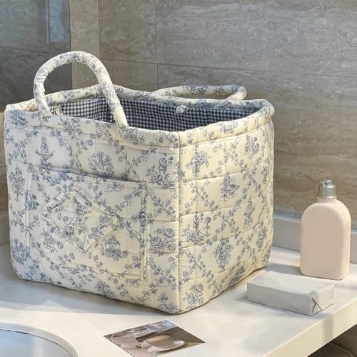 Floral Quilted Fabric Storage Basket with Handles, Foldable Laundry Organizer