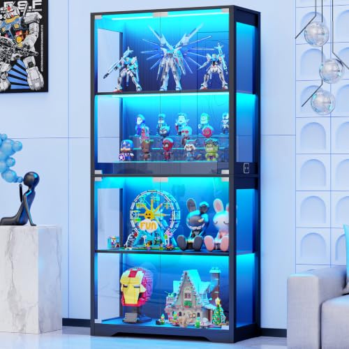 4-Tier Glass Display Cabinet with 3-Color LED Lights, Black Curio Case