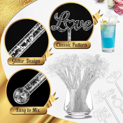 100 Pcs Wedding Drink Stirrers Glitter Silver Cocktail Picks Heart Ring Love US
