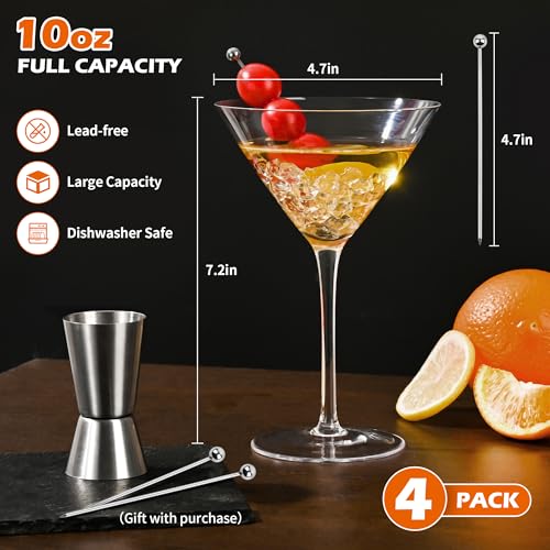 KMIGRUAN Classic Martini Glasses Set of 4 – 10oz Lead-Free Crystal Cocktail Glasses for Home Bar & Gift