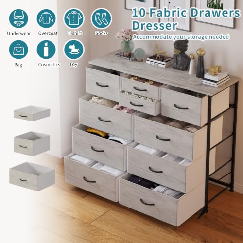 10-Drawer Fabric Dresser with Wooden Top, Storage Tower for Bedroom