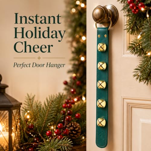 Bevin Bells Brown Nickel Genuine US-Sourced Leather Sleigh Bell Strap, 5 x 1.5in Brass Bells Door Hanger