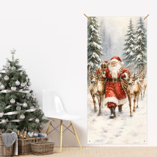 Santa Reindeer Christmas Door Cover - 35x79 in Reusable Curtain - JINYO