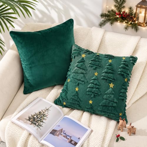 Aryala Deep Green Christmas Pillow Covers 18x18 Set of 2 - Tree & Star Decor