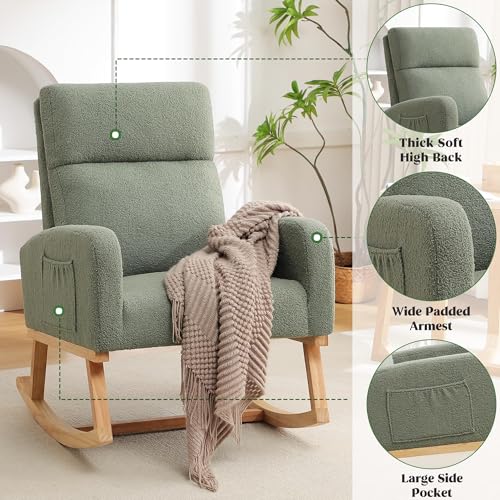 Bouclé Nursery Rocking Chair with Side Pocket, Modern Upholstered Glider
