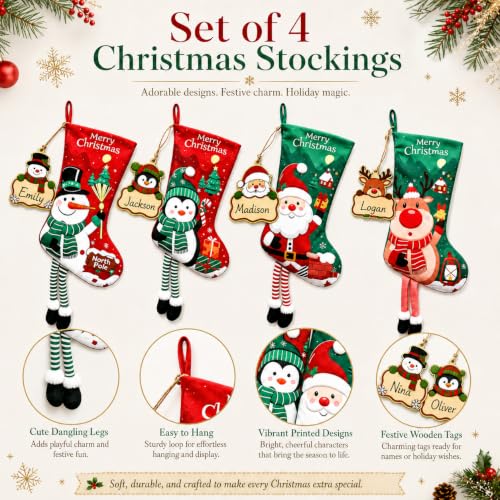 4Pack Large 18in Personalized Christmas Stockings with Wooden Name Tags - Red & Green