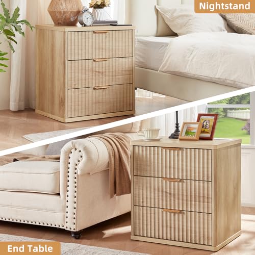 Fluted Farmhouse 3-Drawer Nightstand Set with Charging Station