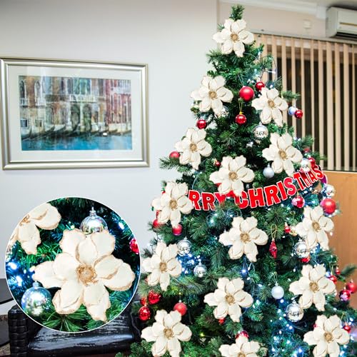 White 10Pcs Christmas Glitter Poinsettia & Velvet Magnolia Flower Ornaments - DIY Floral Picks