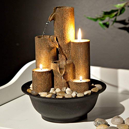 Indoor Tiered Tabletop Water Fountain with Candle Holders, 11-Inch