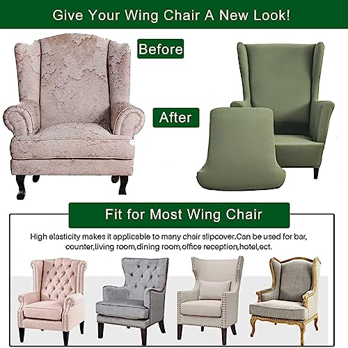 Wingback Chair Covers - 2-Piece Green Slipcovers for Armchairs