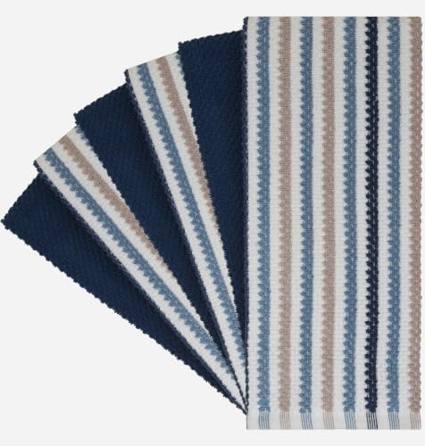 6-Pack 100% Cotton Kitchen Towels 16"x26" - Blue Striped Absorbent Hand Towels