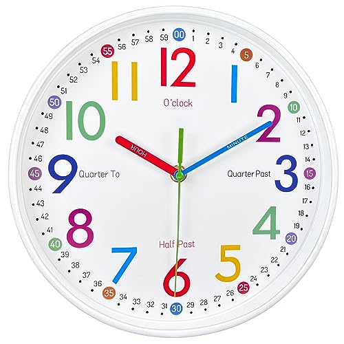 10-Inch Silent Wall Clock for Kids Learning to Tell Time - Colorful Analog