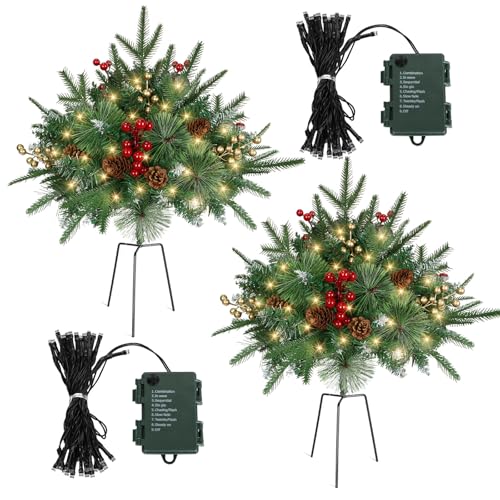 Careforge 2-Pack 24in Pre-Lit Outdoor Pine Urn Filler with 100 LED Warm White Lights (Green)