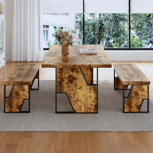 70.8" Modern Wooden Dining Table Set with 2 Benches for 6-8 People