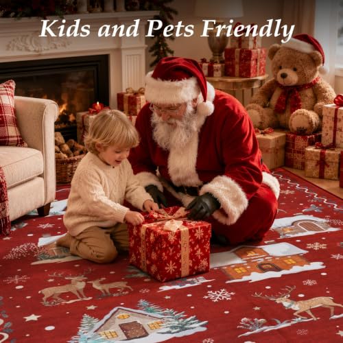 LIVEBOX 5x7 Christmas Washable Area Rug Red Scalloped Reindeer Snow Scene