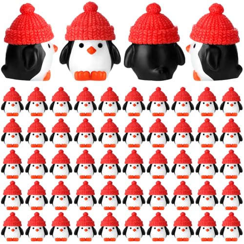 Soulchen 50 Pcs Mini Penguin Figurines with Red Hats for Christmas Decor, Resin Holiday Ornaments
