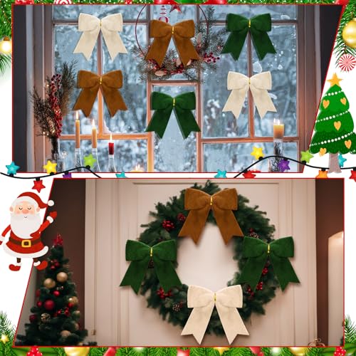 Hollowfly 12-Pack Christmas Faux Fur Bows for Tree & Decor, Green, Brown, Beige