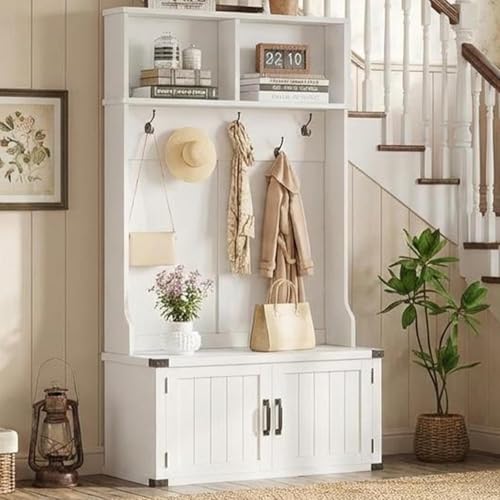 Farmhouse Entryway Hall Tree with Bench, Shoe Storage, and Coat Rack