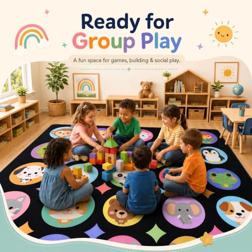 8x10 Classroom Seating Rug with 20 Animal Spots for Preschool Kids