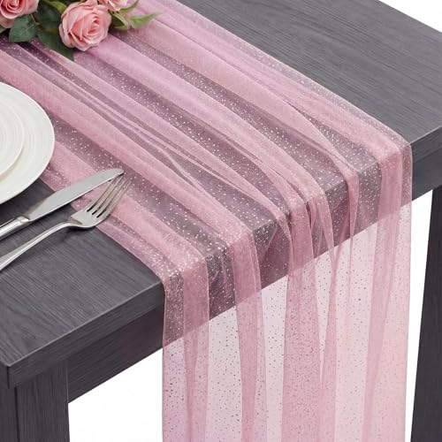 Windkream 1 Pc Glitter Tulle Table Runner 120 x 29 in Pink - 10 ft Mesh with Sequins
