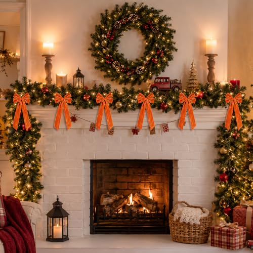 SiplyHaven 12 Pack Orange Velvet Christmas Bows - 5x10 Inch Pre-Tied Holiday Decor