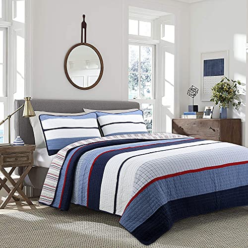 Navy Blue and Red Striped 3-Piece Queen Cotton Reversible Quilt Bedding Set