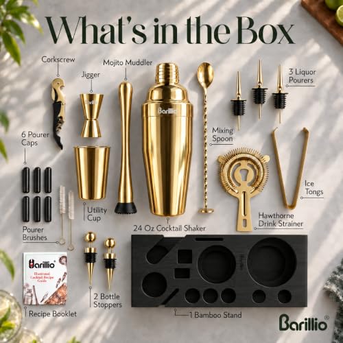 Gold Bartender Kit with Black Bamboo Stand - 23-Piece Cocktail Bar Set for Home Use