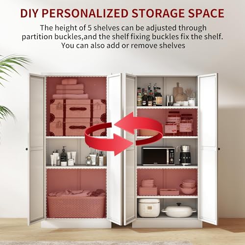 61" White Kitchen Pantry Storage Cabinet with 4 Adjustable Shelves & 2 Doors