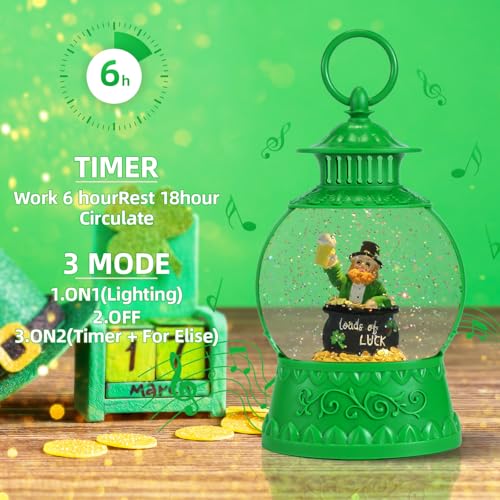 St. Patrick's Day Light-Up Snow Globe with 6H Timer, USB or Battery Powered