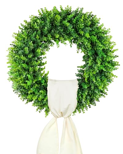 20-Inch Artificial Boxwood Wreath for Front Door with Hello Sign