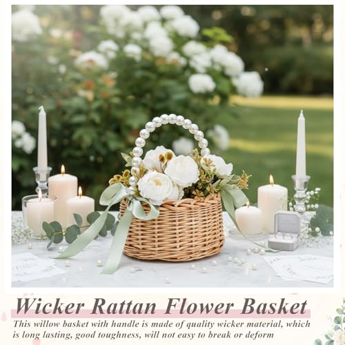 4 Pcs Wicker Flower Girl Baskets with Handles, Pearls and Green Ribbon