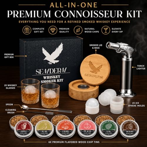 Semderm Whiskey Smoker Kit with Torch - Old Fashioned Cocktail & Bourbon Infuser Set, 2 Glasses, Wood Chips